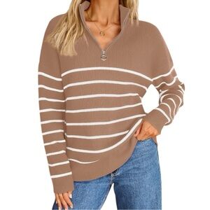 NWOT Quarter Zip Tan Striped Sweater